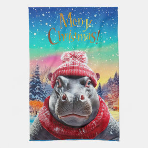 Paño De Cocina Feliz Navidad Hippo Santa sombrero y bufanda