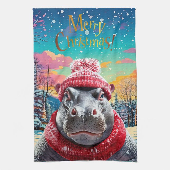 Paño De Cocina Feliz Navidad Hippo Santa sombrero y bufanda (Vertical)