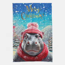 Paño De Cocina Feliz Navidad Hippo Santa sombrero y bufanda
