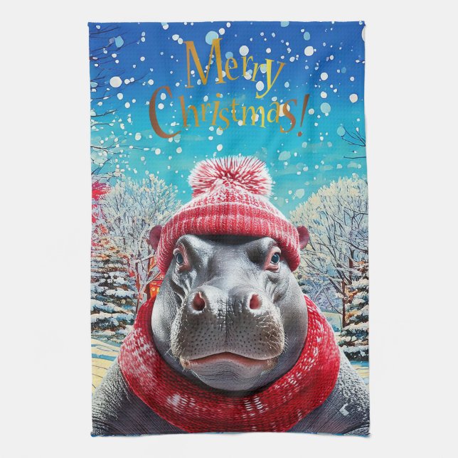 Paño De Cocina Feliz Navidad Hippo Santa sombrero y bufanda (Vertical)