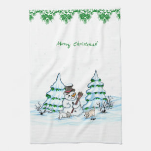 Paño De Cocina ¡Feliz Navidad! Hombre de nieve con gato y cachorr