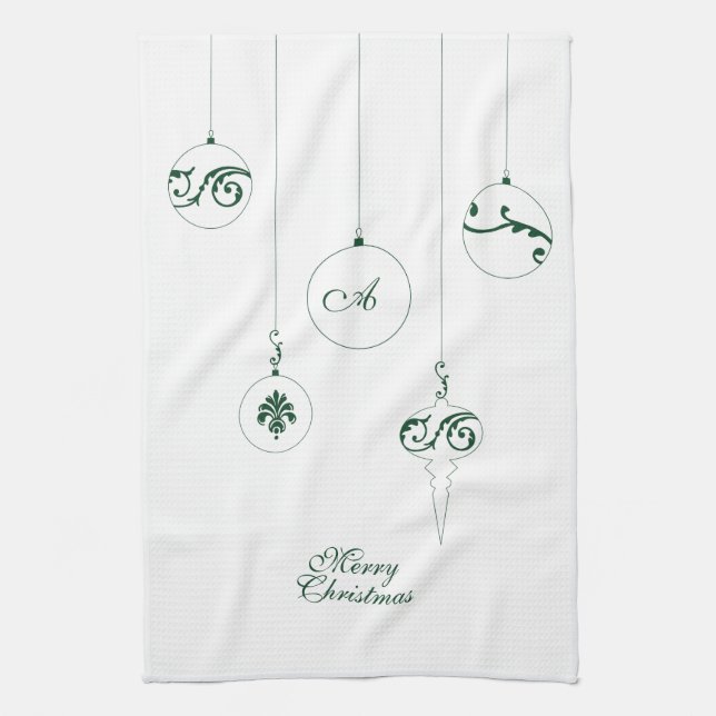 Paño De Cocina Feliz Navidad Monograma Verde Ornamentos en baudib (Vertical)