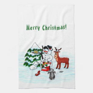 Paño De Cocina ¡Feliz Navidad! Muñeco de nieve con amigos