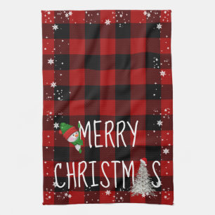 Paño De Cocina Feliz Navidad Muñeco de Nieve Plaid Búfalo