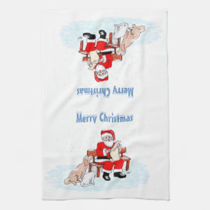 Paño De Cocina Feliz Navidad - Papá Noel con gato y perro