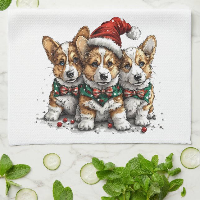 Paño De Cocina Feliz Navidad Pembroke Corgi galés cachorros (Doblado)