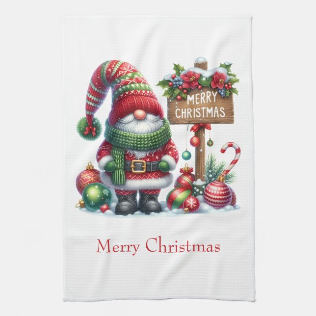 Paño De Cocina Feliz Navidad personalizada Santa Gnome (Vertical)