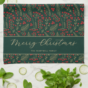 Paño De Cocina Feliz Navidad Personalizado Botánico Oscuro