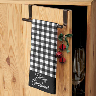 Paño De Cocina Feliz Navidad Plaid Búfalo Negro y Blanco
