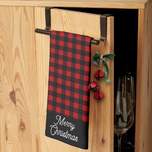 Paño De Cocina Feliz Navidad Plaid Búfalo Rojo y Negro