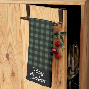 Paño De Cocina Feliz Navidad Plaid Búfalo Verde y Negro