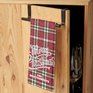 Paño De Cocina Feliz Navidad Plaid Nombre de Familia Brillante
