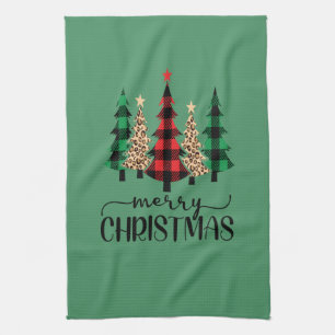 Paño De Cocina Feliz Navidad Rojo Verde Negro Cuadro Búfalo Árbol