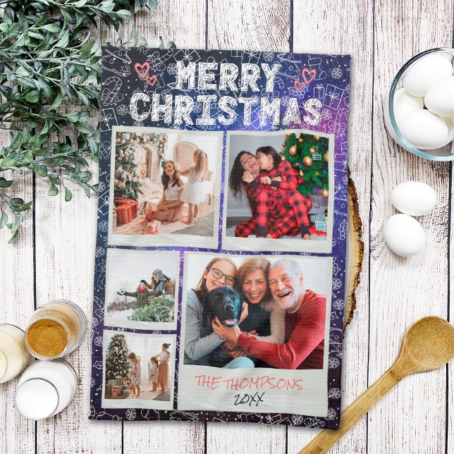 Paño De Cocina Feliz Navidad Starry Night Doodle 5 Photo Family (Subido por el creador)