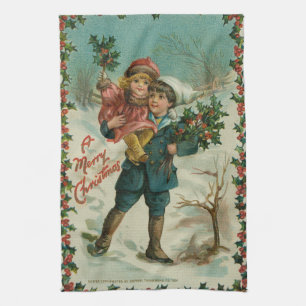 Paño De Cocina Feliz Navidad - tarjeta postal retro, niños, acebo