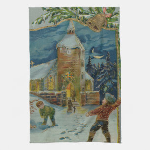 Paño De Cocina Feliz Navidad - Tarjeta postal vintage de pelea de