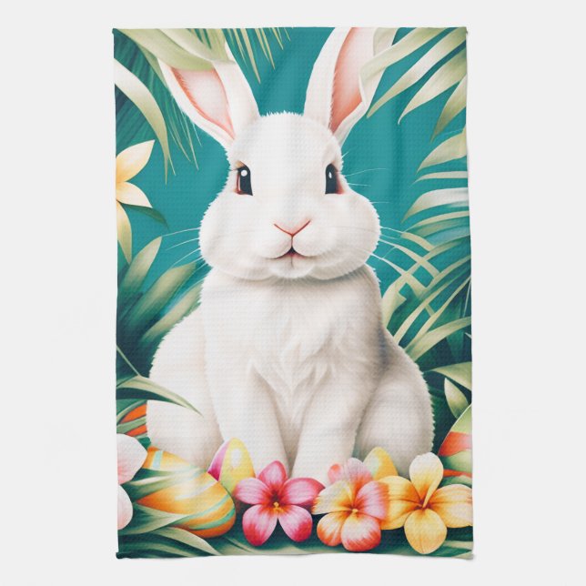 Paño De Cocina Feliz Pascua, conejo tropical hawaiano y huevos (Vertical)