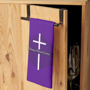 Paño De Cocina Feliz Pascua Cruz Blanca Morado Cristiano