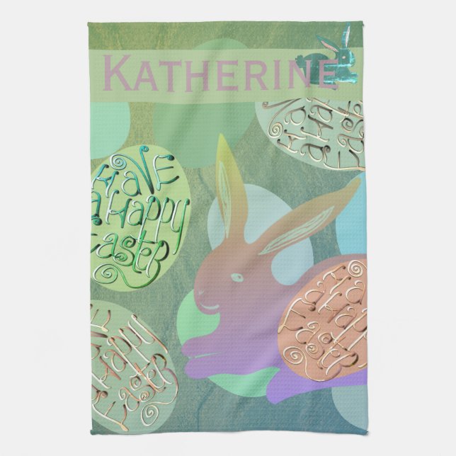 Paño De Cocina "Feliz Pascua" de huevos de conejo de Pascua (Vertical)