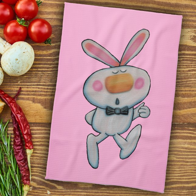 Paño De Cocina Feliz Personalizado Thumbs Up Bunny Bow Tie Pink (white bunny rabbit thumbs up sign wearing bow tie on vibrant pink kitchen hand towel.)