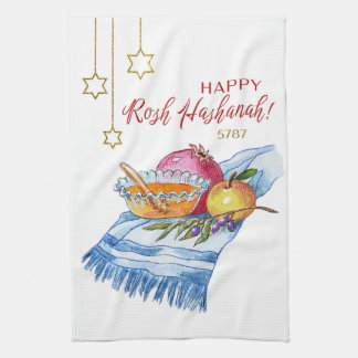 Paño De Cocina Feliz Rosh Hashaná en acuarela