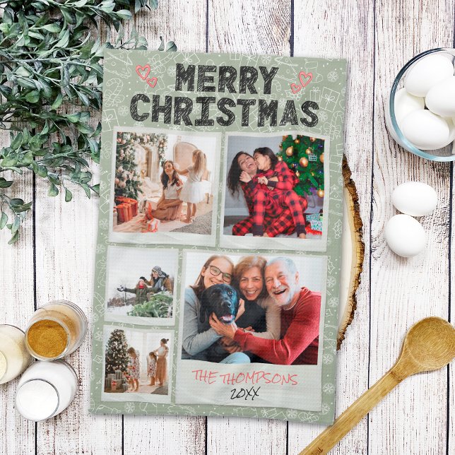 Paño De Cocina Ferry Christmas Green Doodles 5 Photo Family Gift (Subido por el creador)