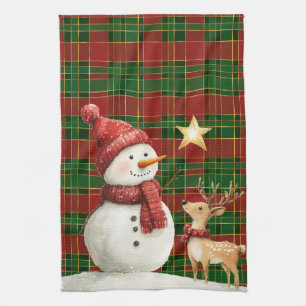 Paño De Cocina Festividad Clásica Red Green Gold Tartán Snowman