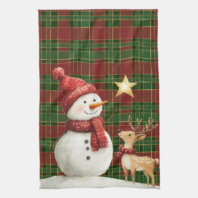 Paño De Cocina Festividad Clásica Red Green Gold Tartán Snowman (Vertical)