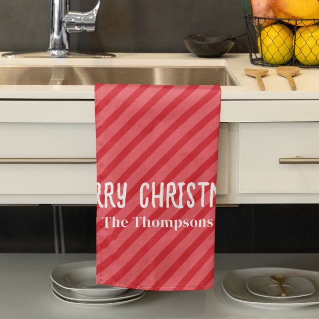 Paño De Cocina Festividad de Feliz Rojo Personalizada (Merry Christmas striped whimsical kitchen towel)