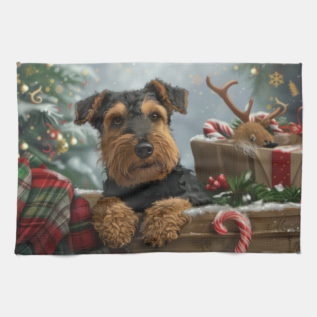 Paño De Cocina Festividad de los Navidades de perro de Airedale (Horizontal)