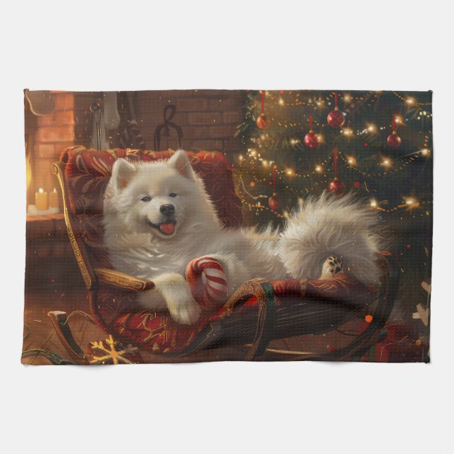 Paño De Cocina Festividad de los Navidades de perro de Samoyed (Horizontal)