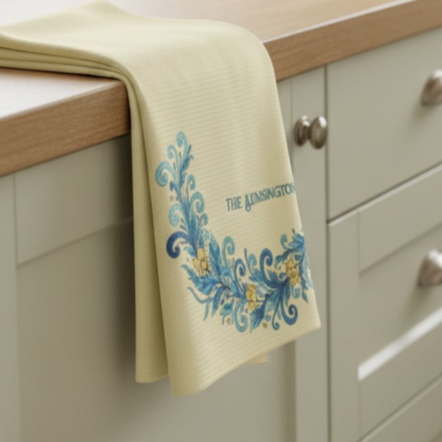 Paño De Cocina Festividad de Wreath Swag (Personalized kitchen towel featuring holiday teal and yellow greenery swag)