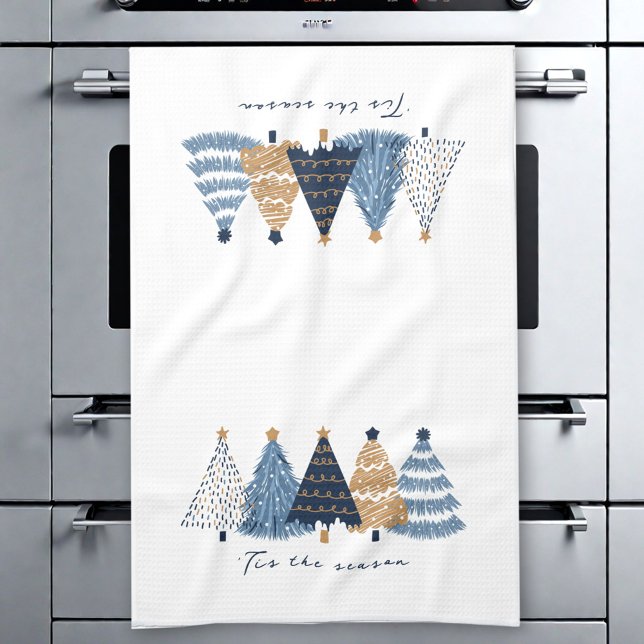 Paño De Cocina Festividad en los árboles azules de la marina, Nav (Navy Blue Trees Modern Simple Christmas Holiday Kitchen Towel)