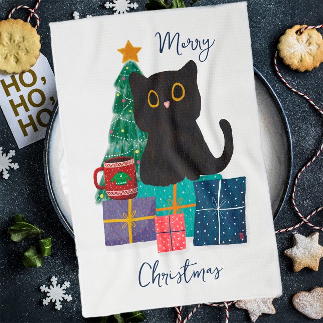Paño De Cocina Festividad Feliz Navidad Cute Negro Cat Café Arte (Subido por el creador)