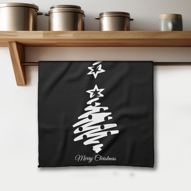 Paño De Cocina Festividad negra de la silueta del árbol de navida (Merry Christmas Tree Silhouette Black Holiday Kitchen Towel)