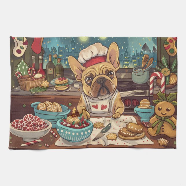 Paño De Cocina Festividades en Bulldog francés: Navidades festivo (Horizontal)