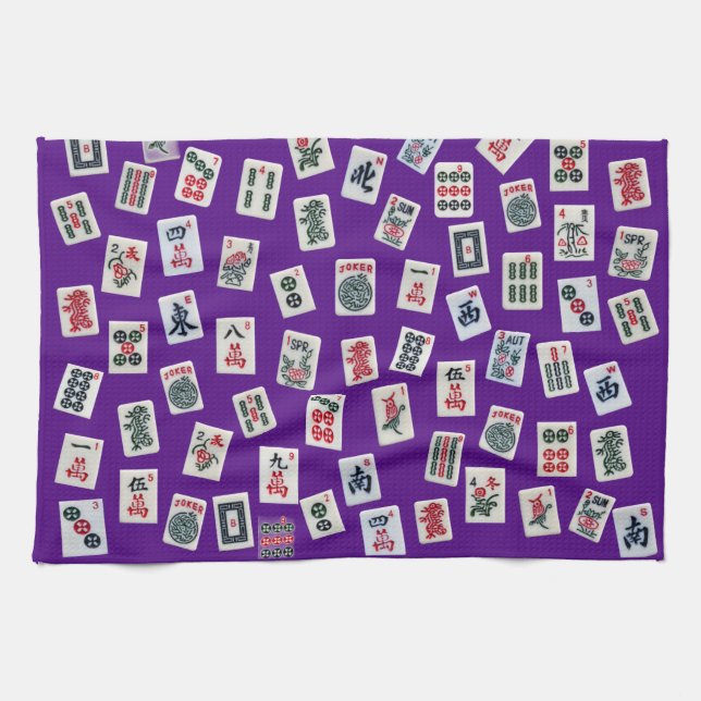Paño De Cocina Fichas de MahJong (símbolos) sobre fondo morado (Horizontal)