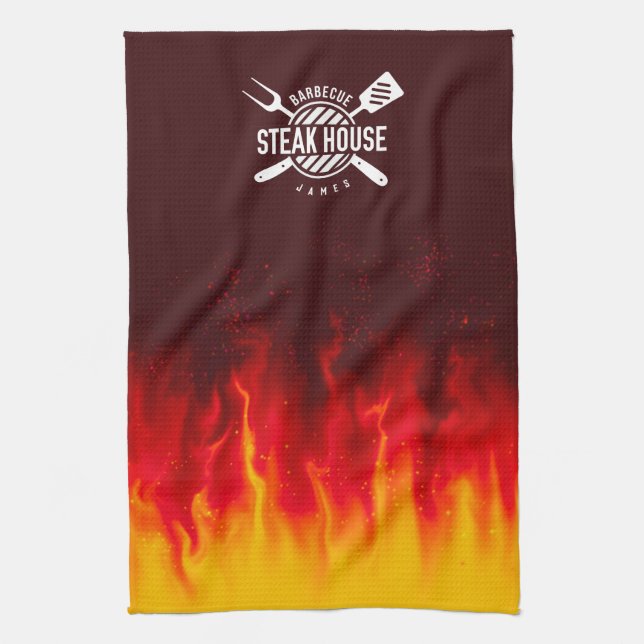 Paño De Cocina Fiery BBQ Kitchen Flames — Personalizado Steak Hou (Vertical)