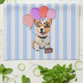 Paño De Cocina Fiesta de Cumpleaños de Corgi con Rayas Azules y B