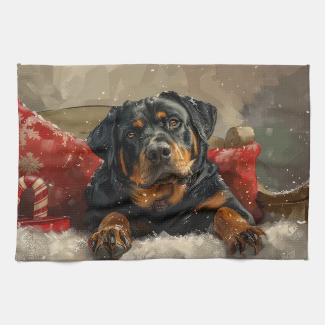 Paño De Cocina Fiesta Navideña del Perro Rottweiler (Horizontal)