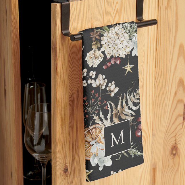 Paño De Cocina Fiestas Botánicas Negras (Monogrammed Black Boho Botanical Holiday Kitchen Towel
)