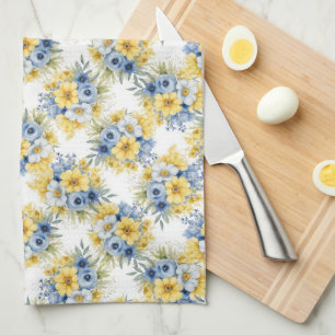PAÑO DE COCINA FILAS DE PEQUEÑAS FLORES BLANCAS AMARILLAS AZULES