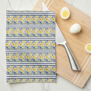 PAÑO DE COCINA FILAS DE PEQUEÑAS FLORES BLANCAS AMARILLAS AZULES
