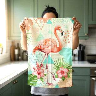 Paño De Cocina Flamenco Tropical Acuarela y Patrón Geométrico