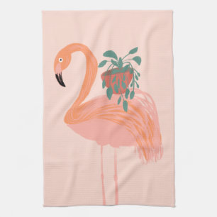 Paño De Cocina Flamenco Tropical con Planta en Maceta Dibujado a
