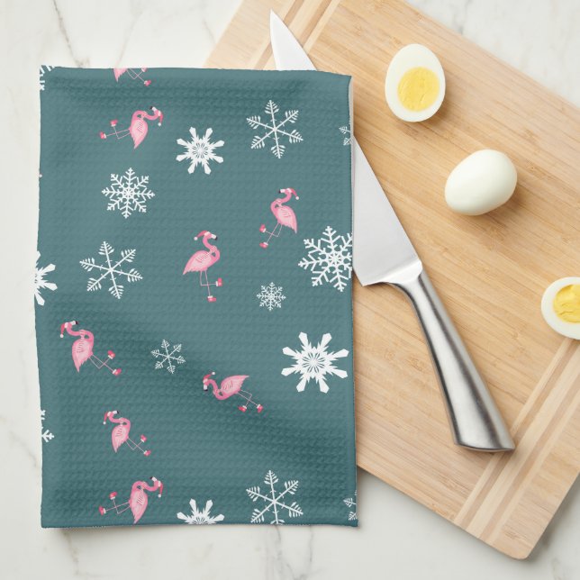 Paño De Cocina Flamencos de invierno de Santa Claus y copos de ni (Doblado Cuarto)