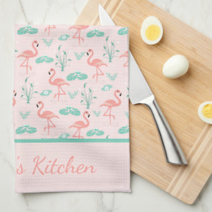 Paño De Cocina Flamencos rosados Monograma Hojas de palma verdes