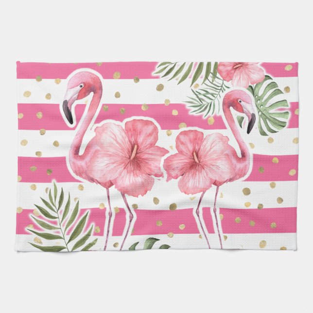 Paño De Cocina Flamencos rosados tropicales con puntos de Polka d (Horizontal)