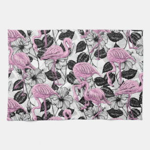 Paño De Cocina Flamencos y flores de hibisco
