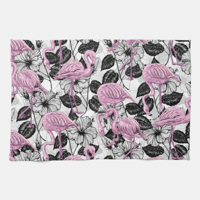 Paño De Cocina Flamencos y flores de hibisco (Horizontal)